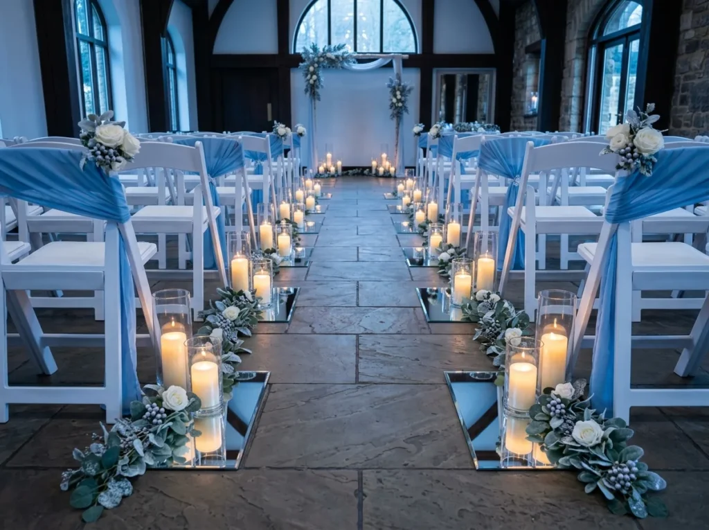 Frozen Floral Bar Cart Inspiration Inspired by Winter wedding aisle with candles