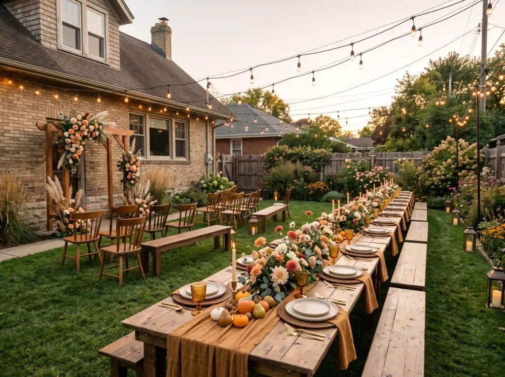 Harvest Moon Family Feast Inspiration A small b Backyard wedding feast setup K
