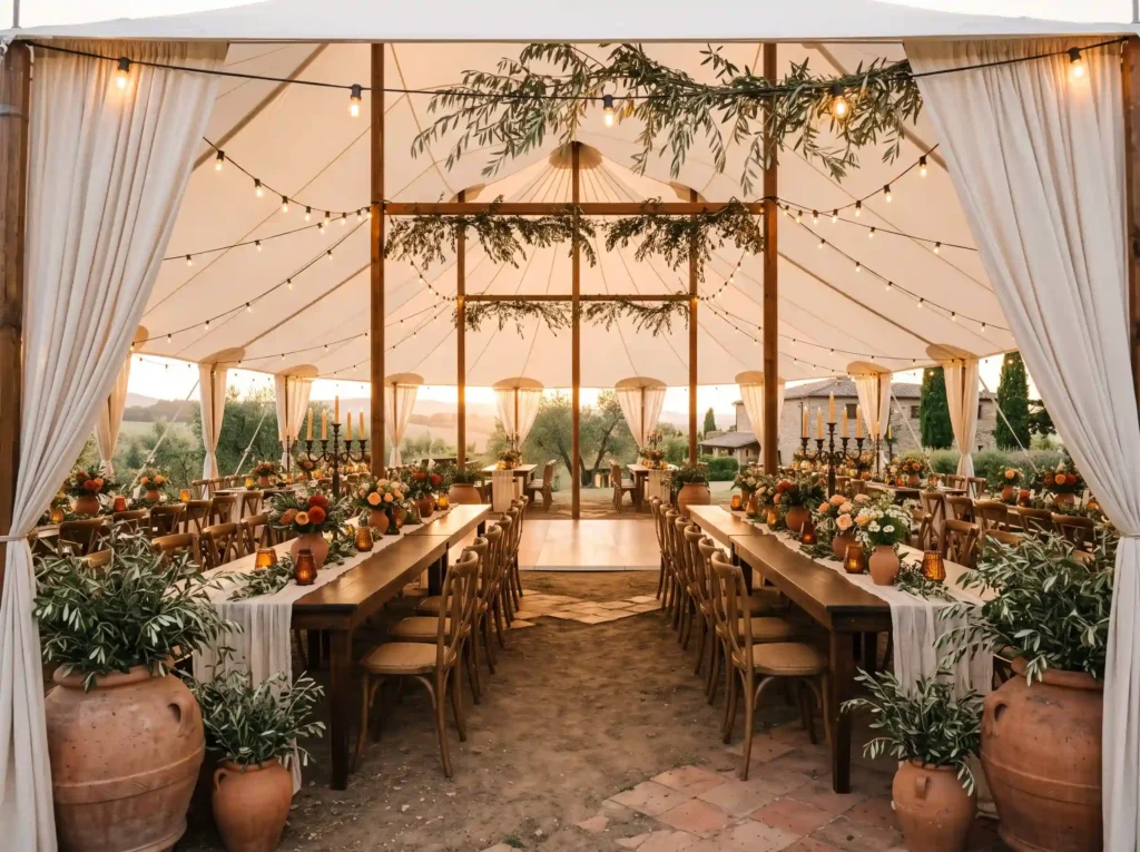 Terracotta Tuscan Tent Inspiration A warm Itali Tuscan tent wedding reception K