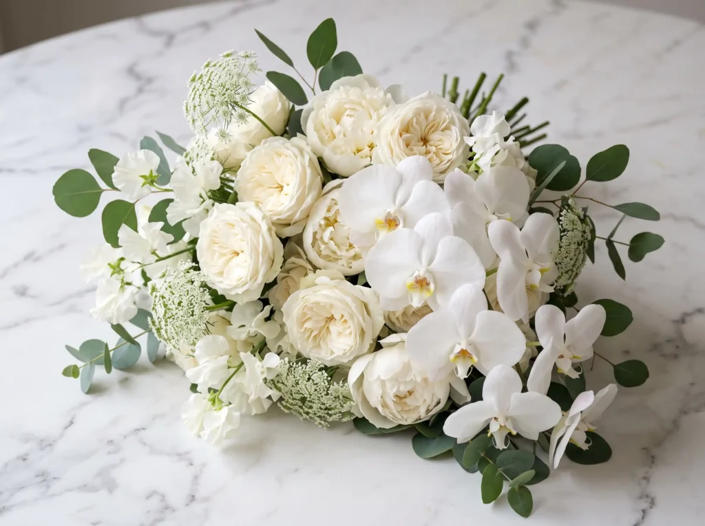White Summer Symphony Inspiration Inspired by e White floral bouquet on surface