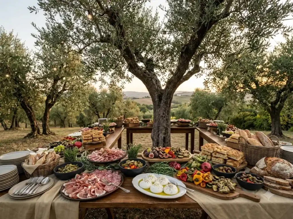 Olive grove grazing buffet display