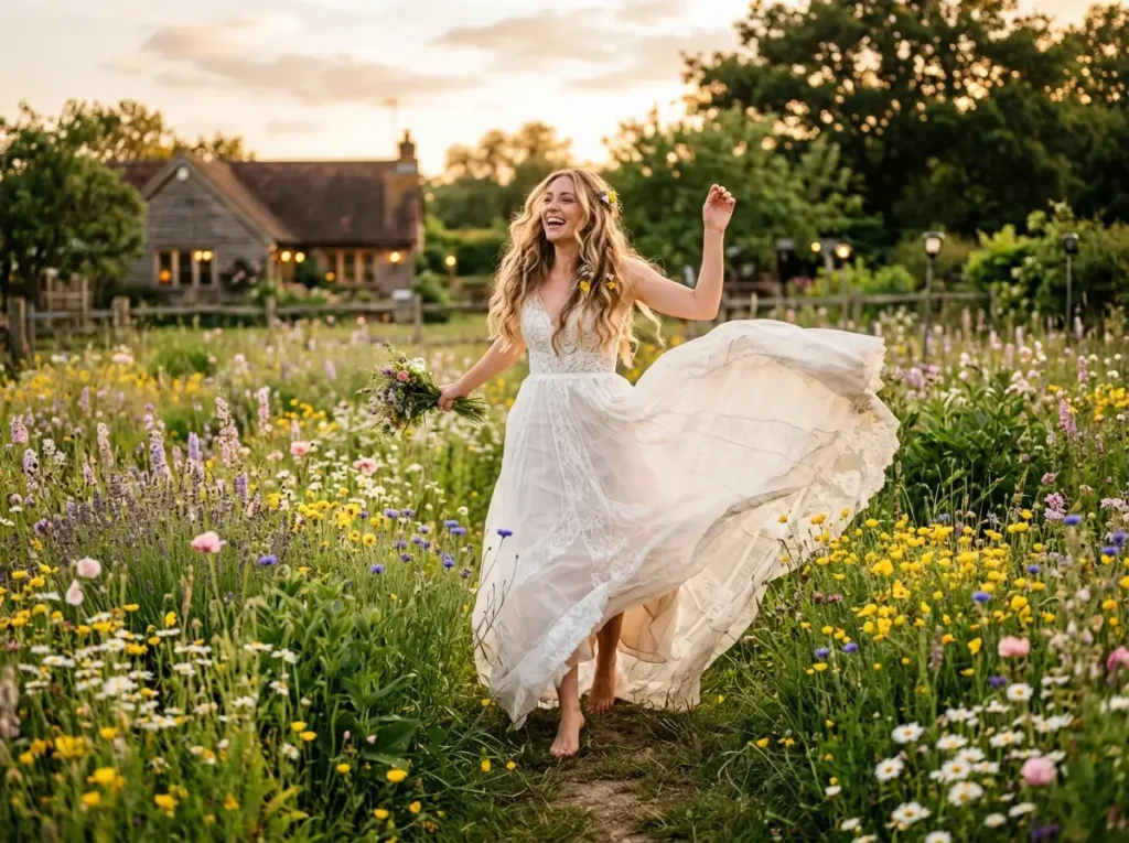 Bride dancing in wildflower meadow