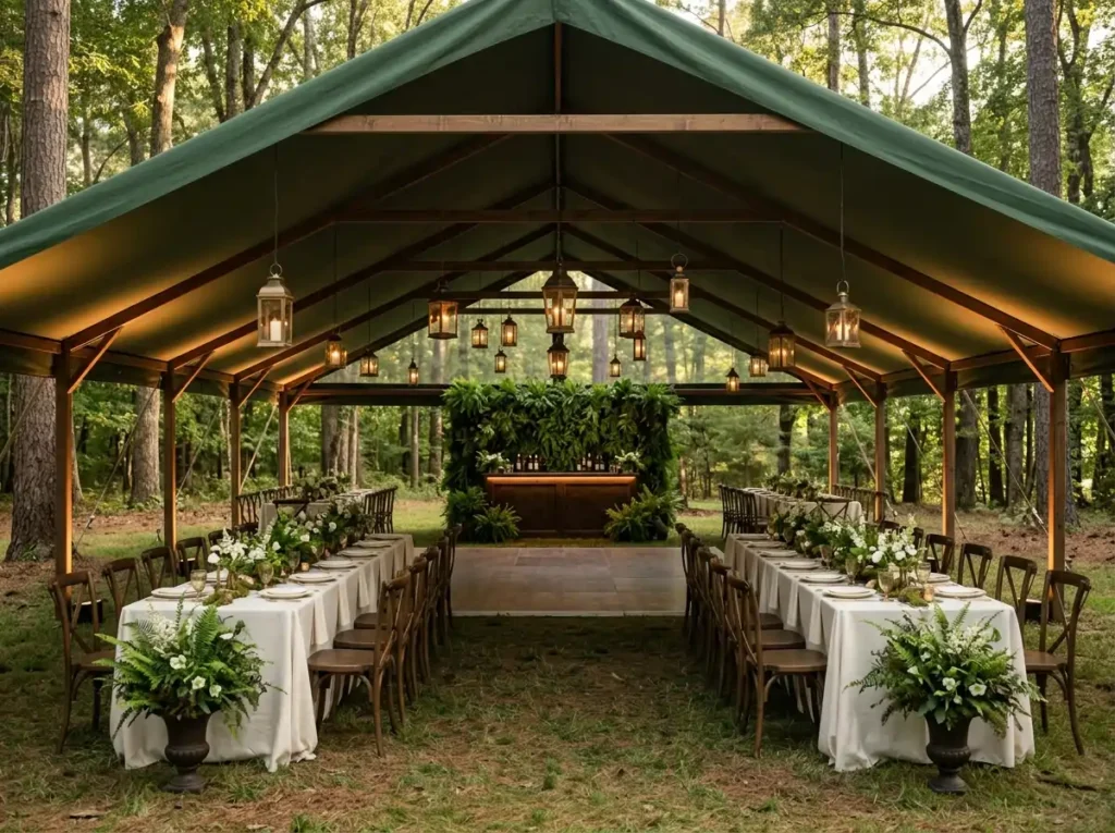 Forest Green Lantern Canopy Inspiration This de Woodland backyard wedding tent s…