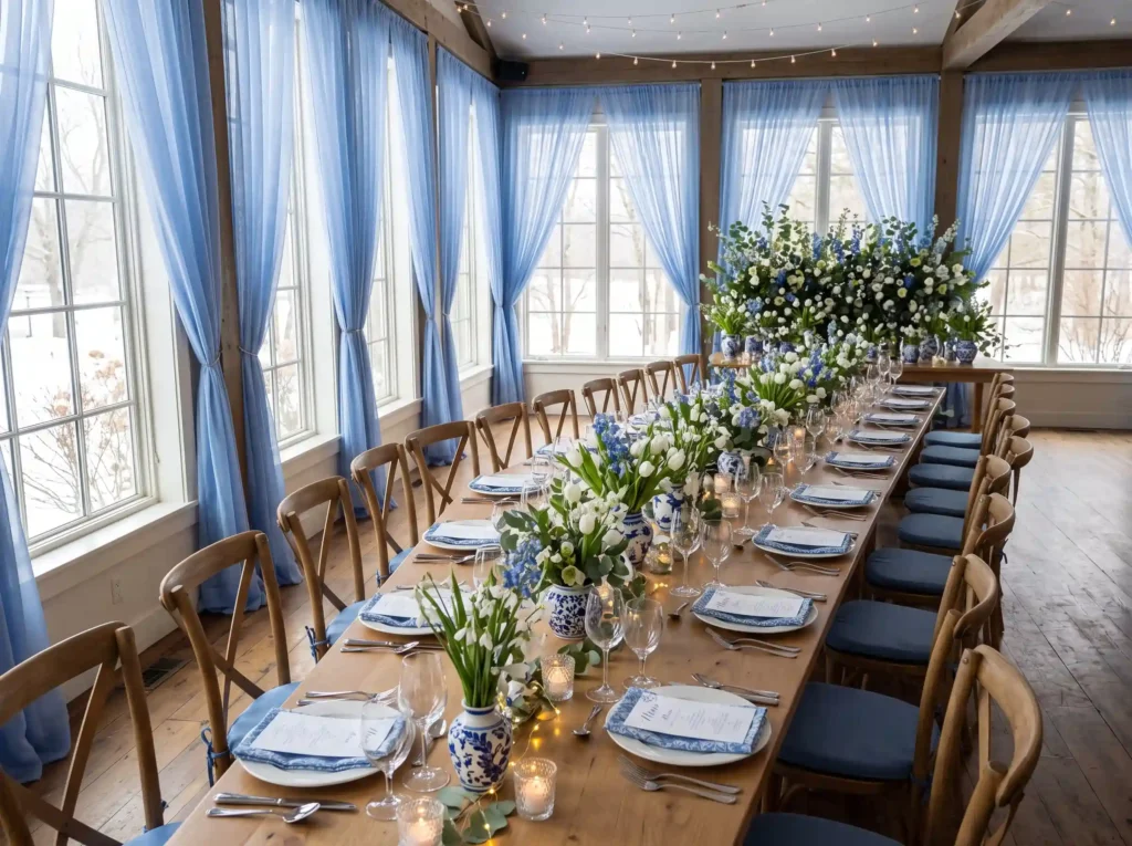 Snowdrop Blue Brunch Inspiration This lighter c Winter wedding brunch tablescape K