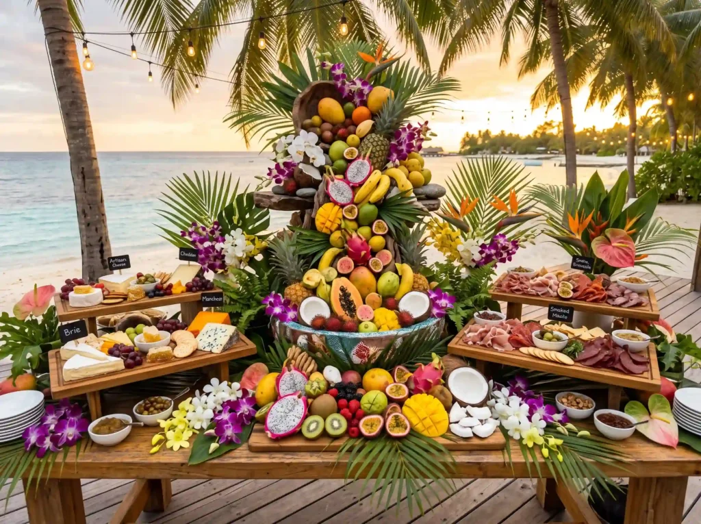 Tropical Luxe Escape Inspiration Exotic island Tropical grazing table for wedding