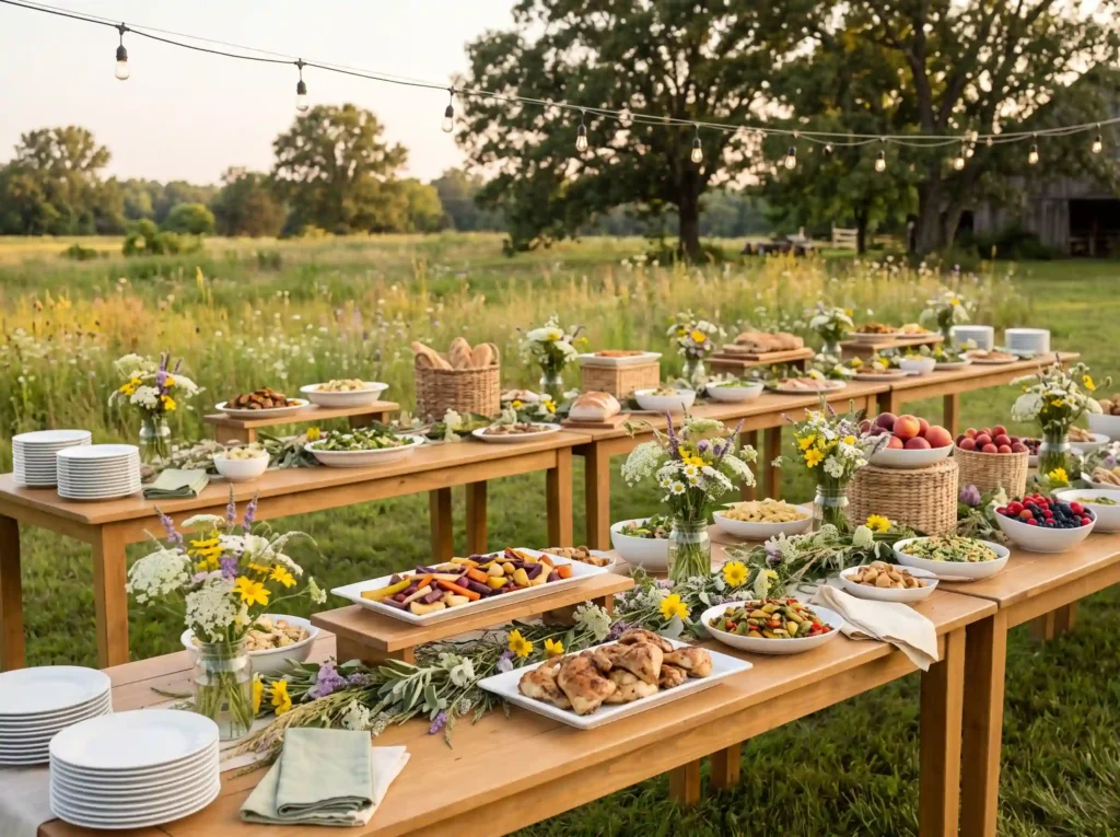 Wildflower Country Buffet Inspiration A meadow Wildflower buffet at wedding rec…