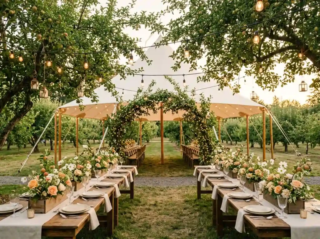 Orchard lantern supper tent setup