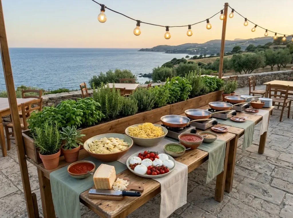Seaside pasta station at wedding