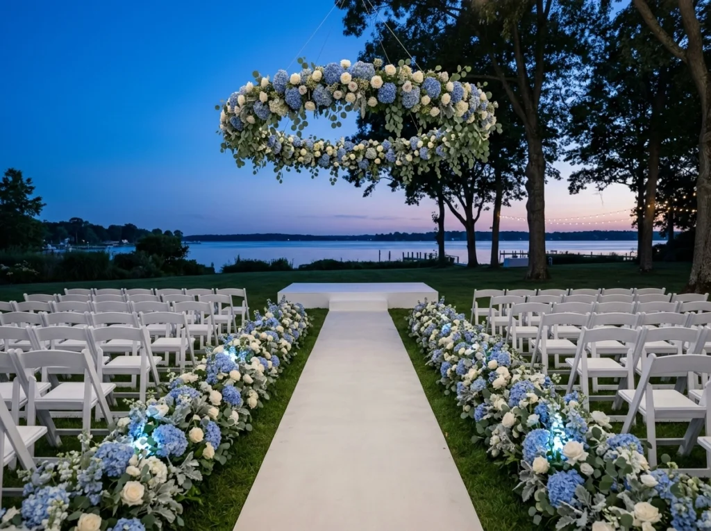 Blue Hour Hydrangea Walk Inspiration A romantic Hydrangeas bordering outdoor wed…