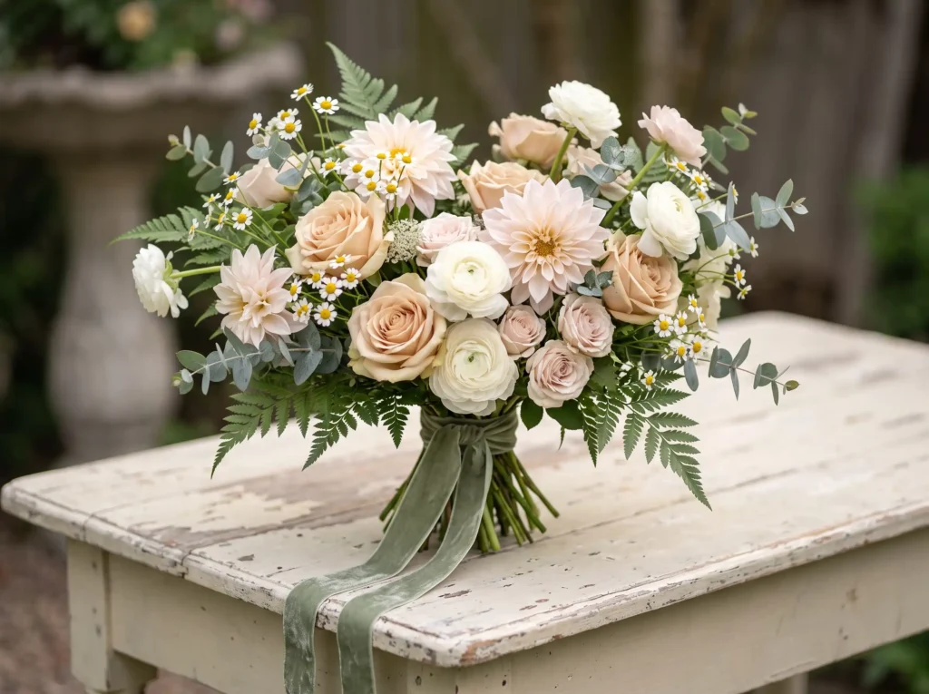 Champagne Cottage Romance Inspiration This arra Bouquet resting on wooden table