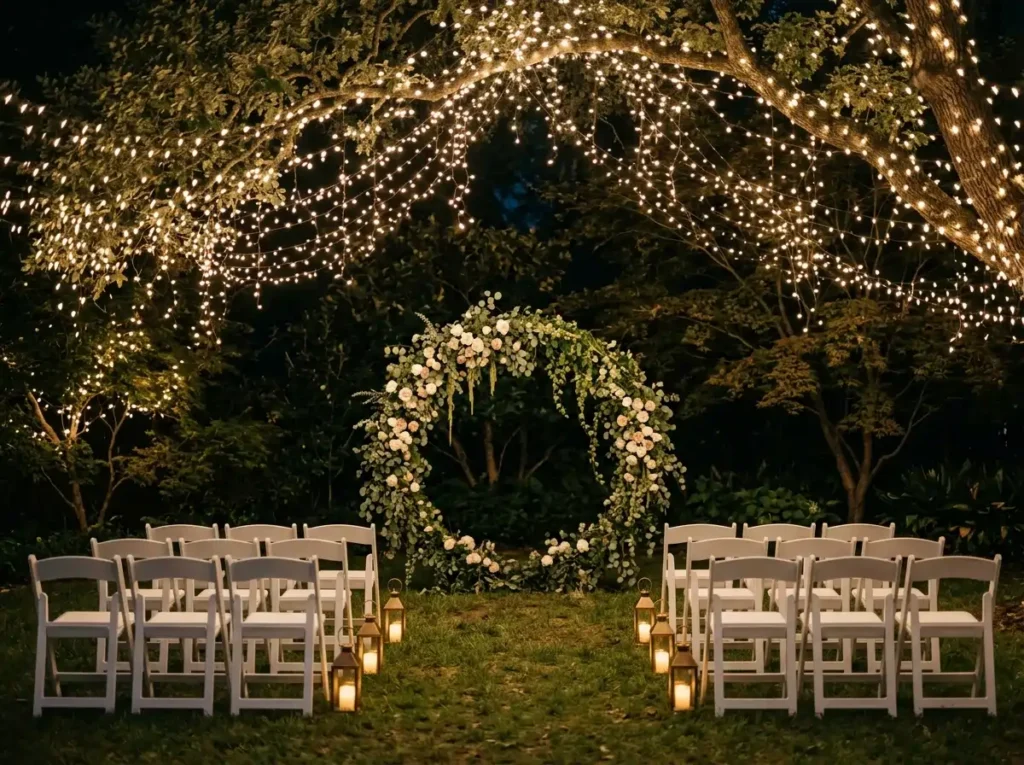 Firefly Ceremony Garden Inspiration A tiny nigh Backyard wedding ceremony at night