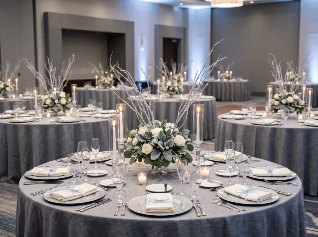 Frosted Blue Silver Dinner Inspiration Cool win Winter wedding reception table d…