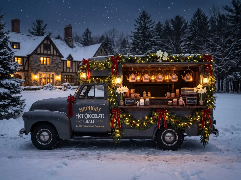 Midnight Hot Chocolate Chalet Inspiration Cozy Vintage hot chocolate truck display