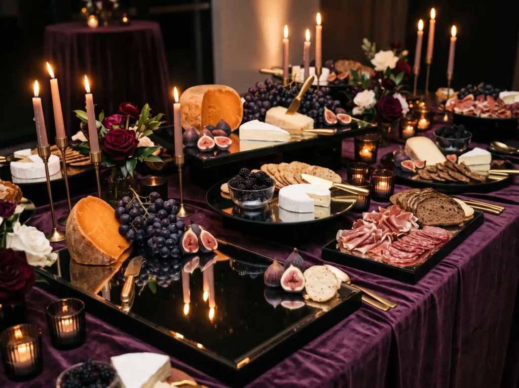 Midnight Velvet Indulgence Inspiration A dramat Luxury grazing table display K