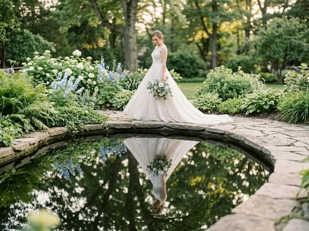 Reflection by the Pond Inspiration Quiet elegan Bridal portrait beside pond refl…