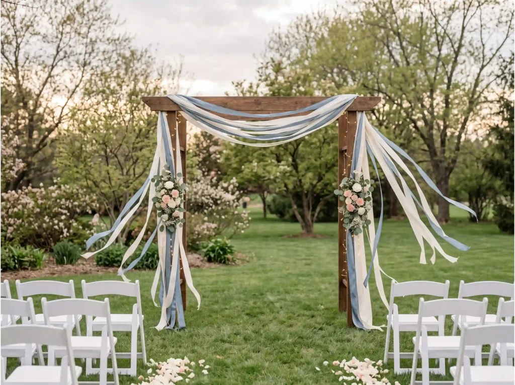 Ribbon Wrapped Meadow Arch Inspiration Flowing Ribbon wrapped wedding arch cere… K