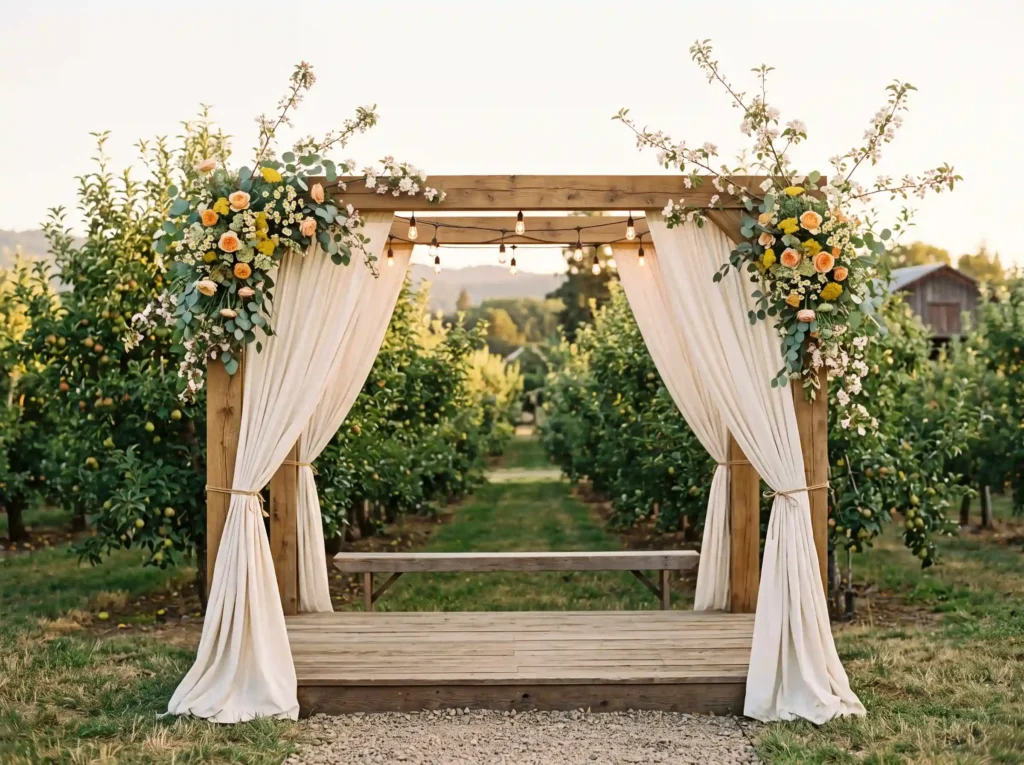 Rustic Orchard Drapery Wall Inspiration The org Rustic orchard ceremony backdrop K