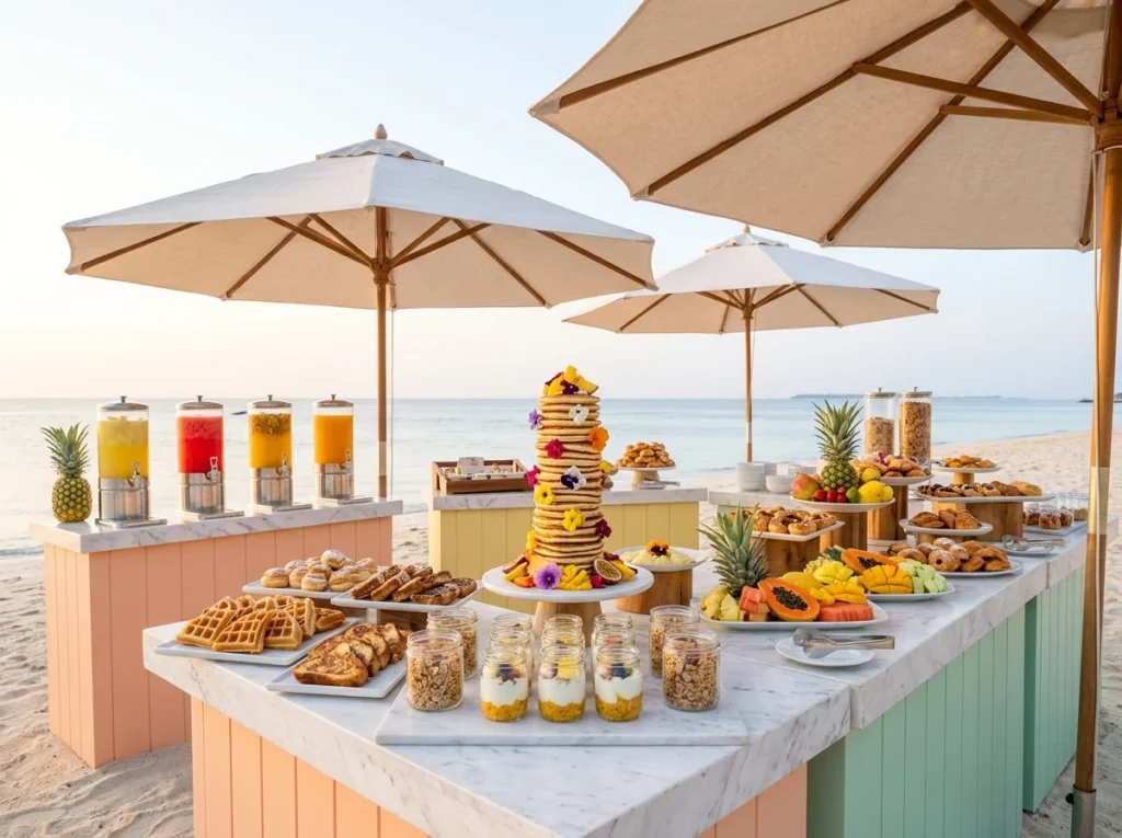 Beachfront brunch station with food