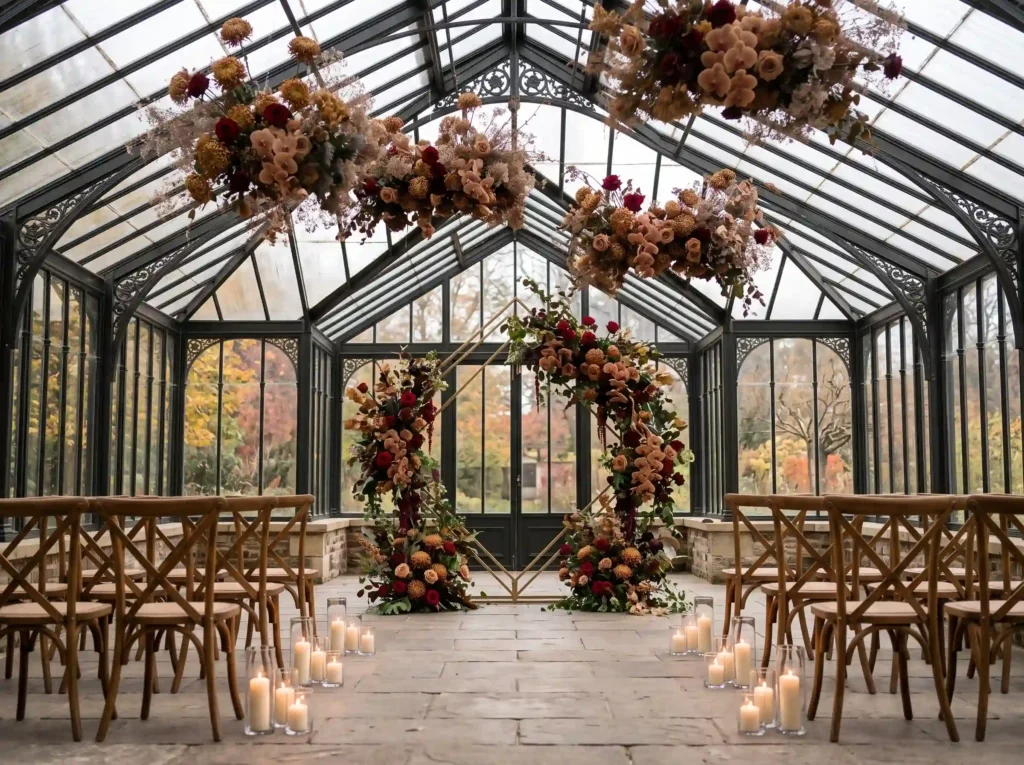 Burgundy Glasshouse Romance Inspiration Histori Glasshouse wedding ceremony romance K