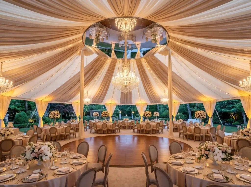 Champagne Crystal Canopy Inspiration A glamorou Luxury backyard wedding tent setup