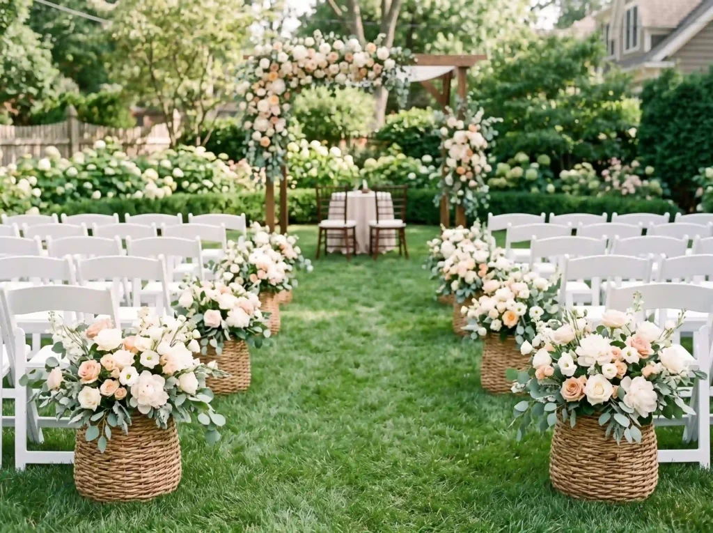 Flower Basket Aisle Inspiration Traditional flo Flower baskets line ceremony aisle