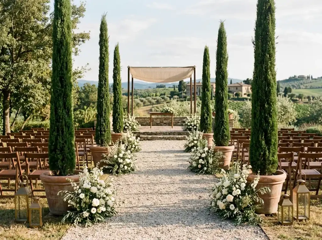 Italian Cypress Aisle Inspiration Inspired by T Italian cypress wedding aisle setup