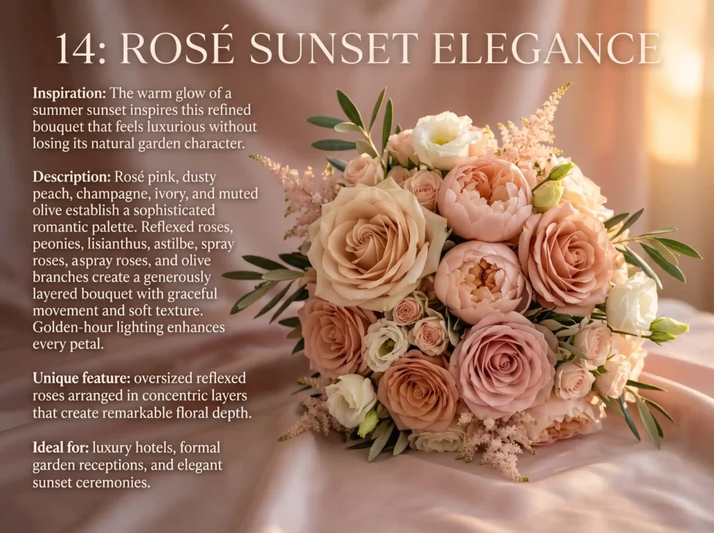 Rosé Sunset Elegance Inspiration The warm glow Bridal bouquet on blush silk