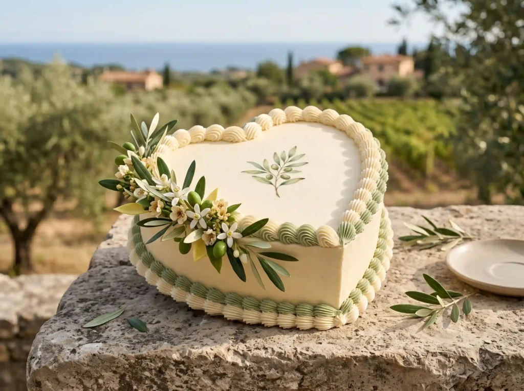 Sage Olive Heart Inspiration A Mediterranean in Heart cake with olive branches