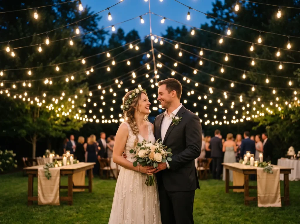 String Light Celebration Inspiration Joyful por Bride and groom evening portraits