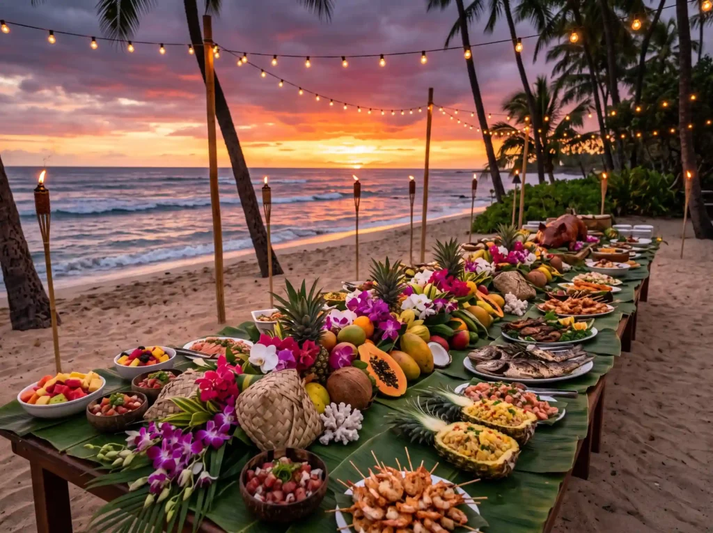 Sunset Hawaiian Luau Feast Inspiration A joyful Sunset Hawaiian Luau Feast K
