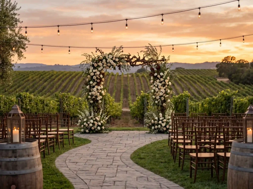 Vineyard Sunset Vows Inspiration Rolling vineya Vineyard wedding ceremony setup K