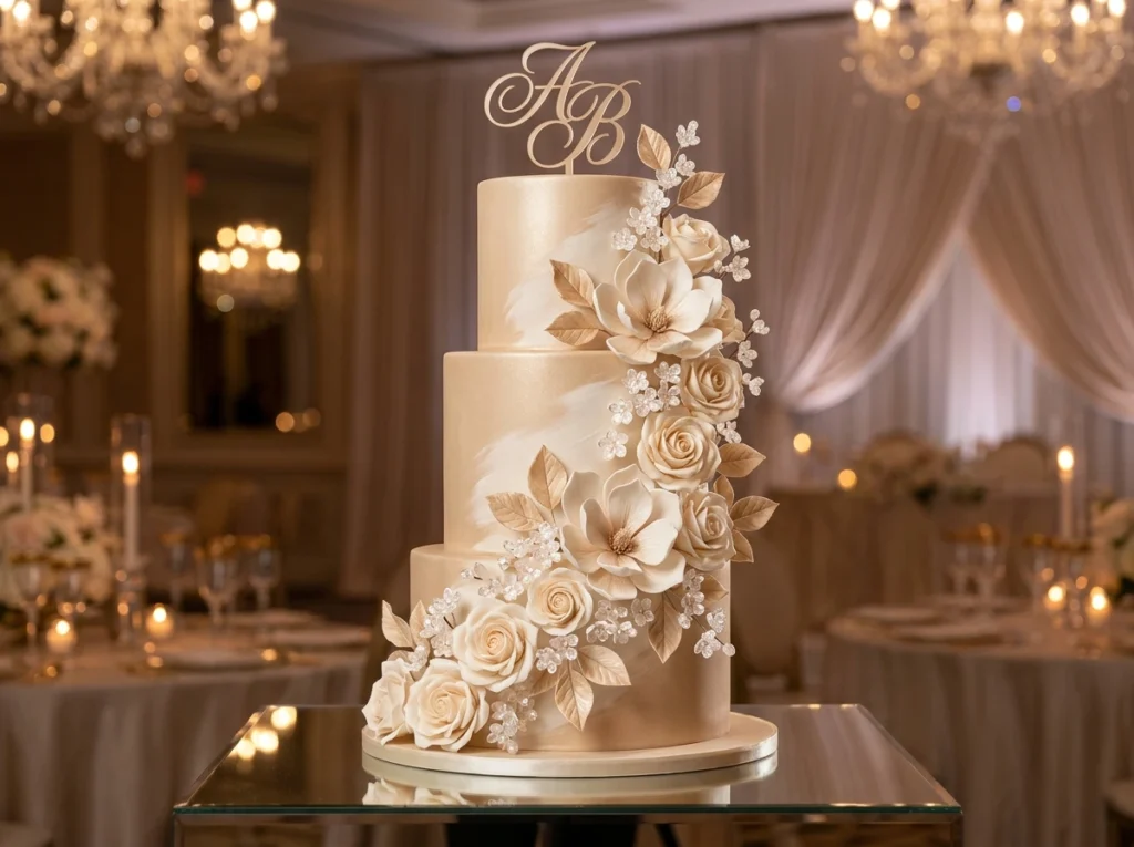 Champagne wedding cake with flowers
