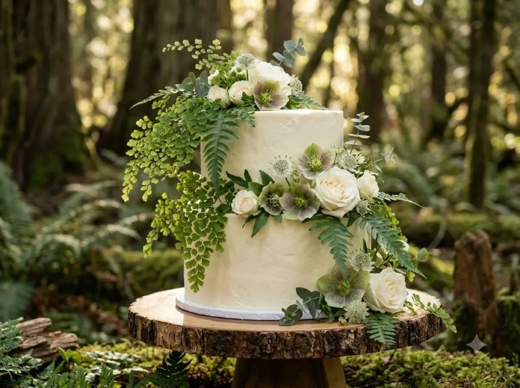 Forest Fern Elegance Inspiration Woodland botan White buttercream wedding cake