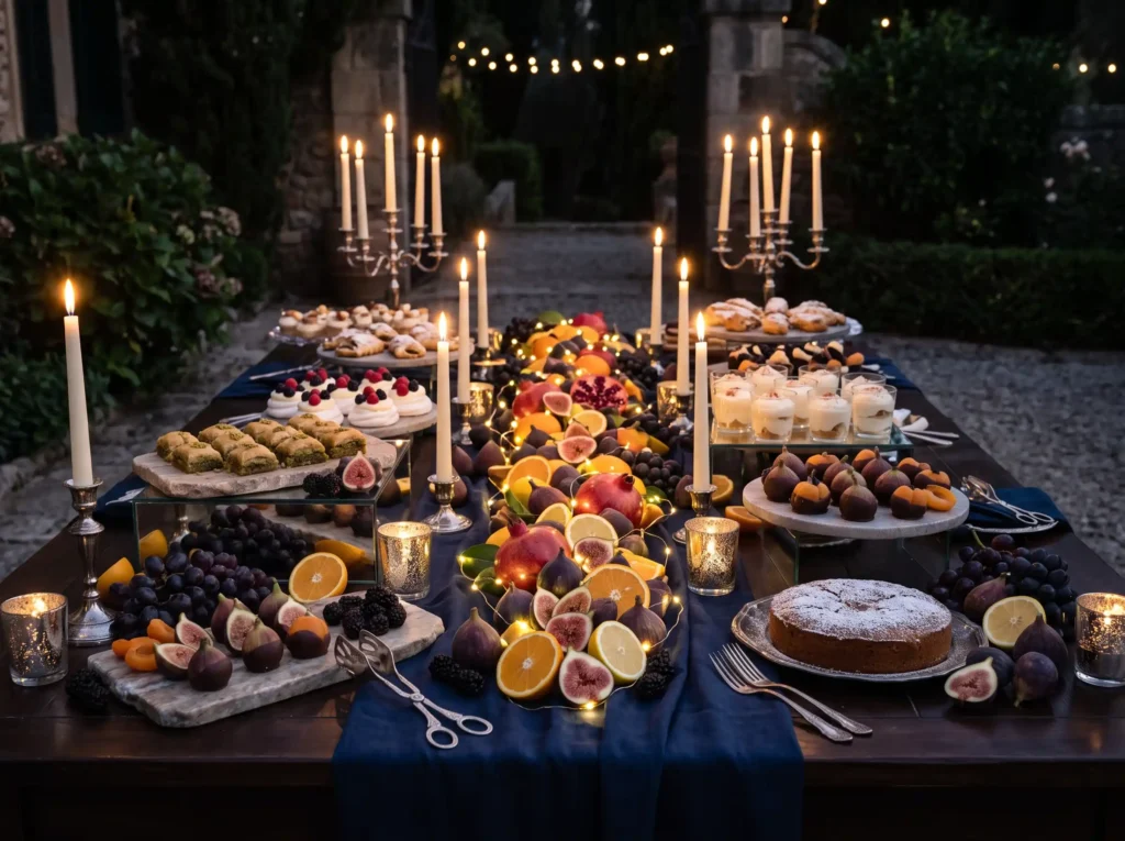 Midnight Mediterranean Dessert Table Inspiratio Mediterranean dessert table display K