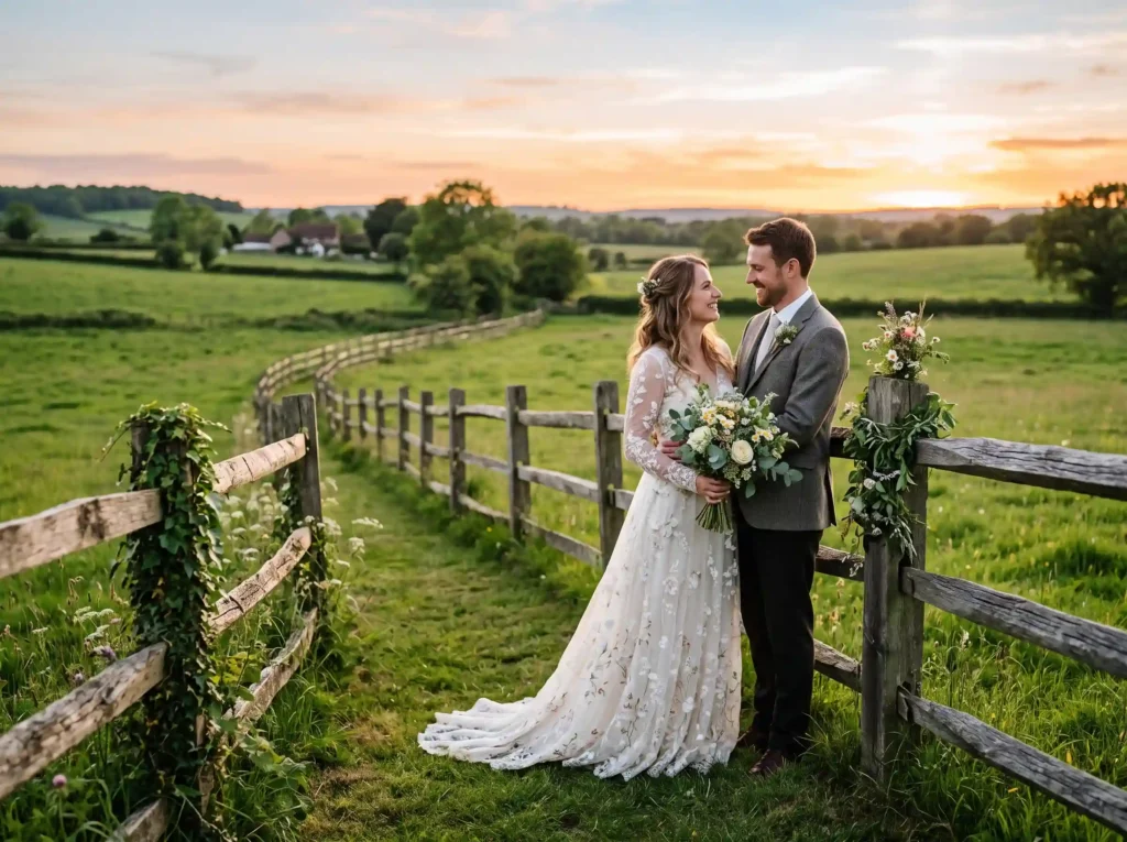 Rustic Fence Romance Inspiration Country simpli Wedding portrait beside rustic f…