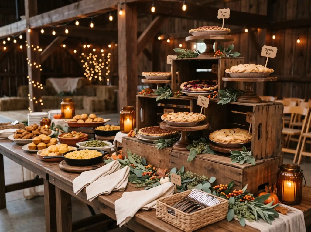Rustic Pie Supper Station Inspiration This buff Rustic wedding pie buffet display