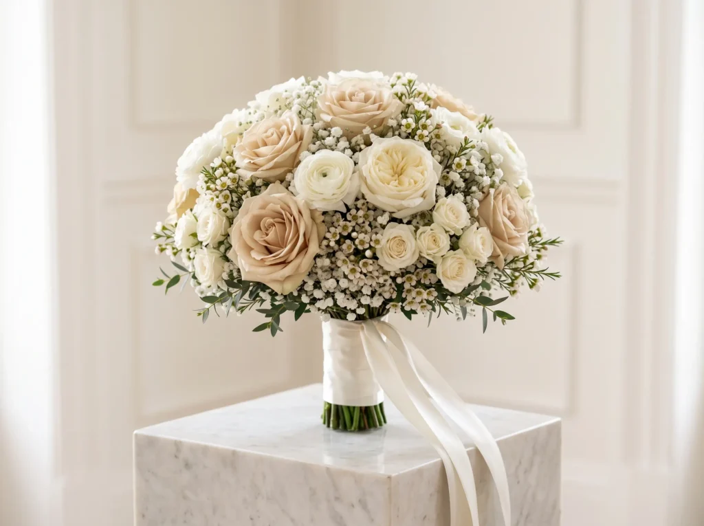 Timeless Champagne Clouds Inspiration A final e Bridal bouquet on marble pedestal