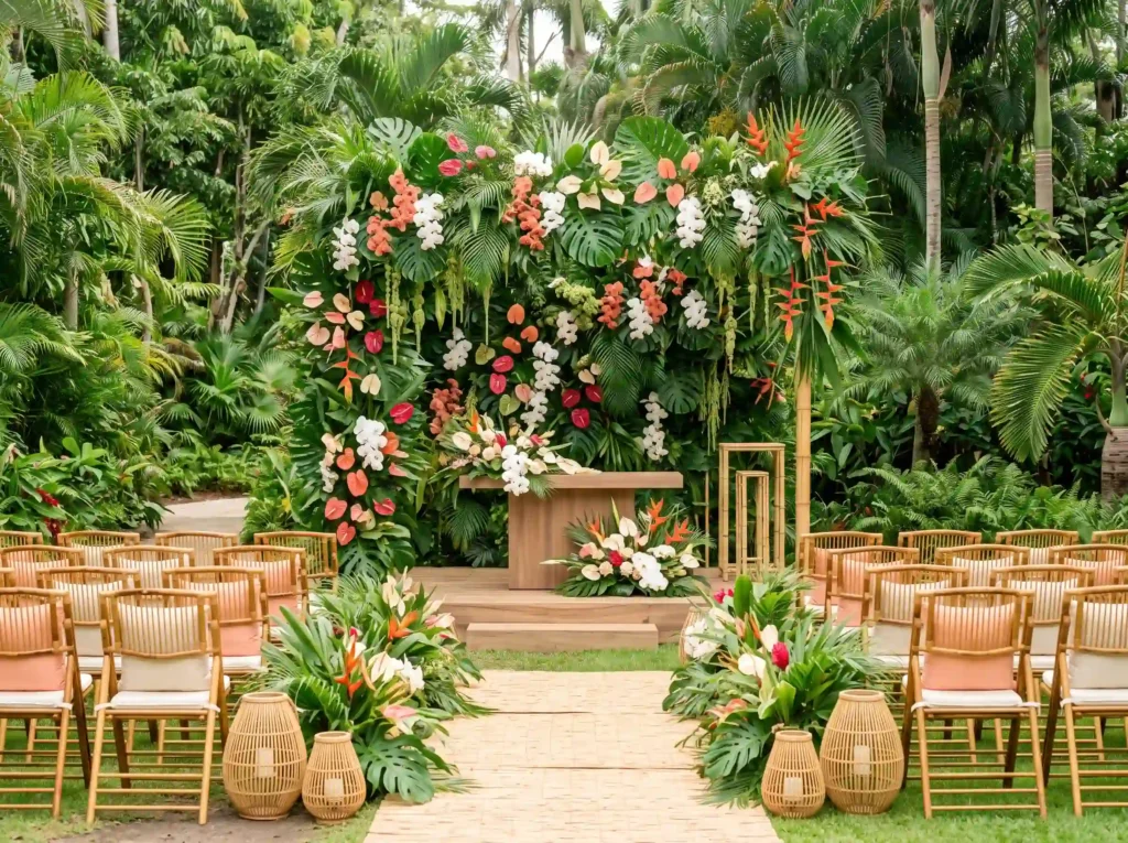 Tropical Botanical Paradise Inspiration Vibrant Tropical outdoor wedding ceremony K