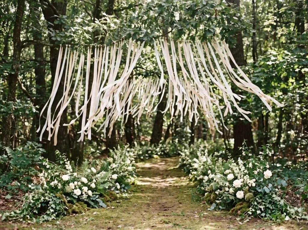 Woodland Ribbon Walk Inspiration Flowing fabric Woodland ribbon walk ceremony K