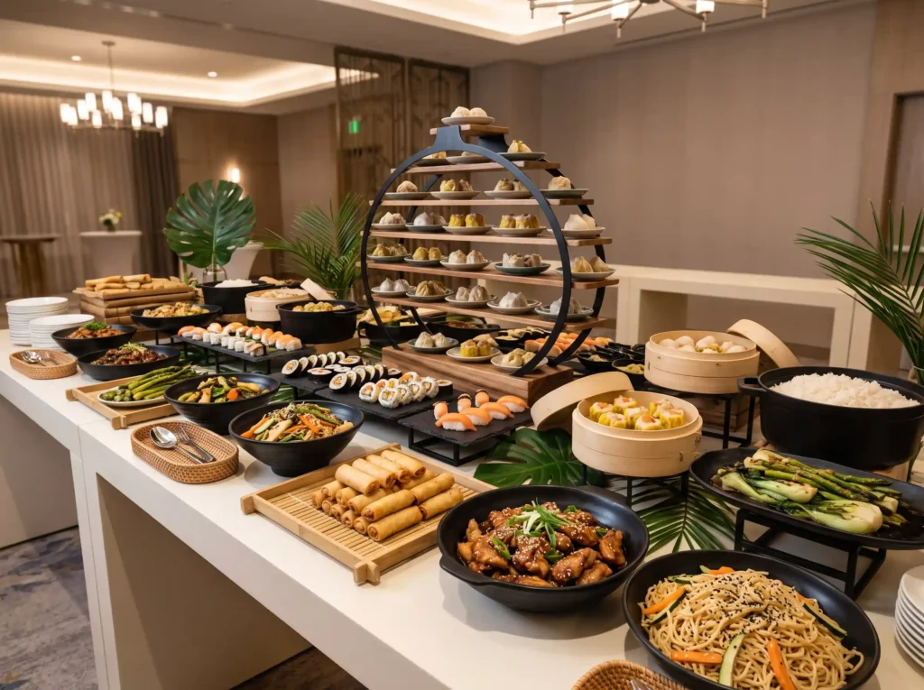 Asian Fusion Wedding Buffet Inspiration The str Asian fusion wedding buffet spread