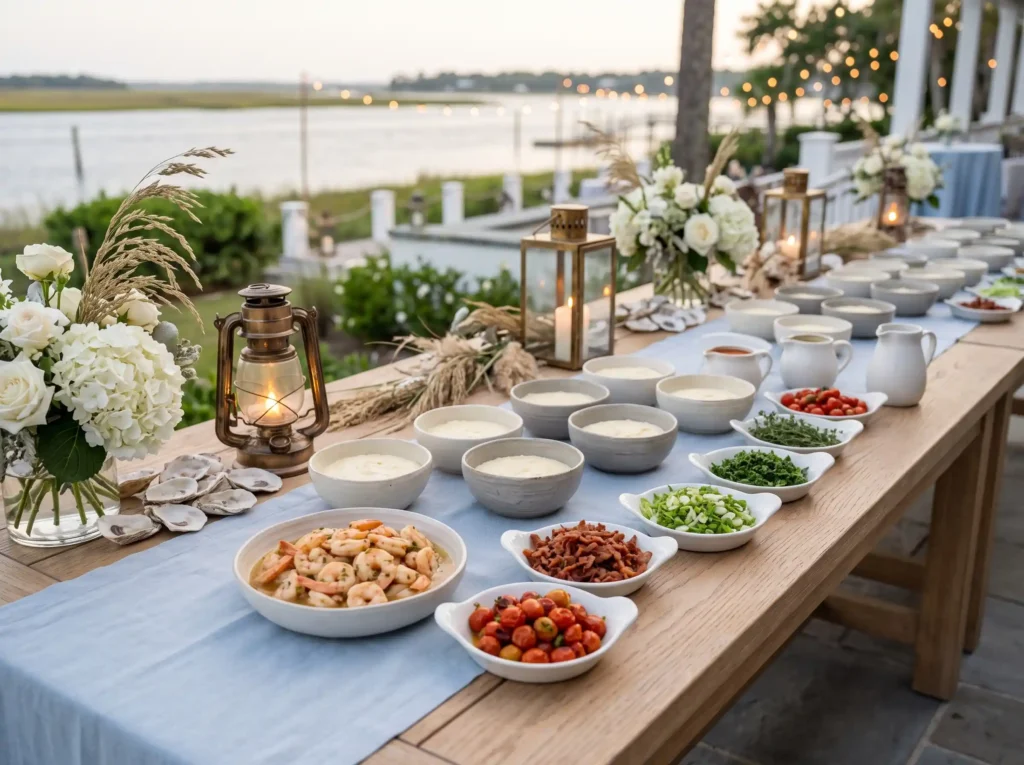 Coastal Shrimp Grits Bar Inspiration A refined Coastal shrimp and grits bar