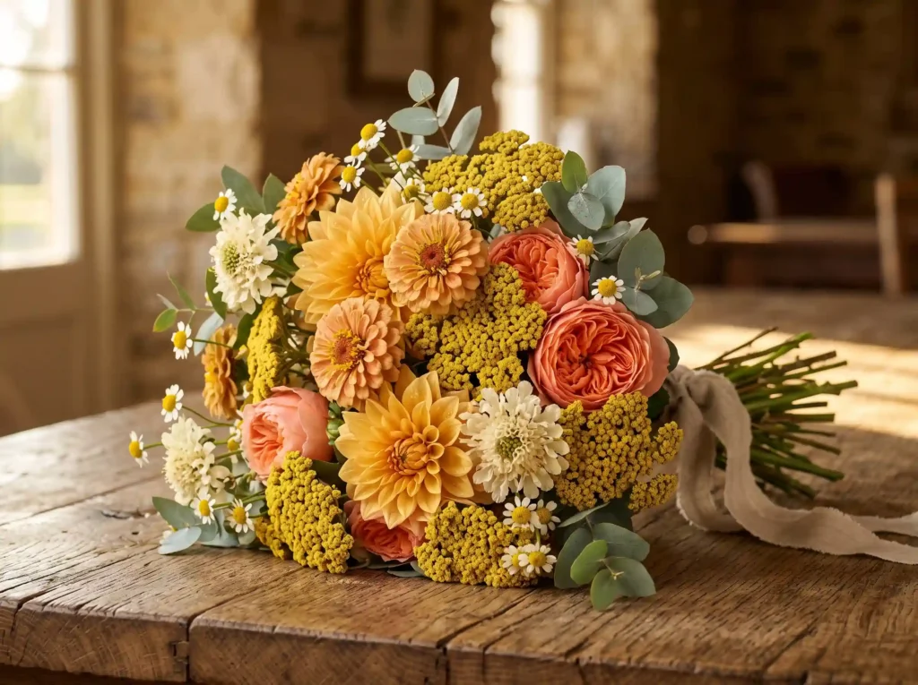 Honey Meadow Harvest Inspiration Inspired by bl Floral bouquet on wooden table