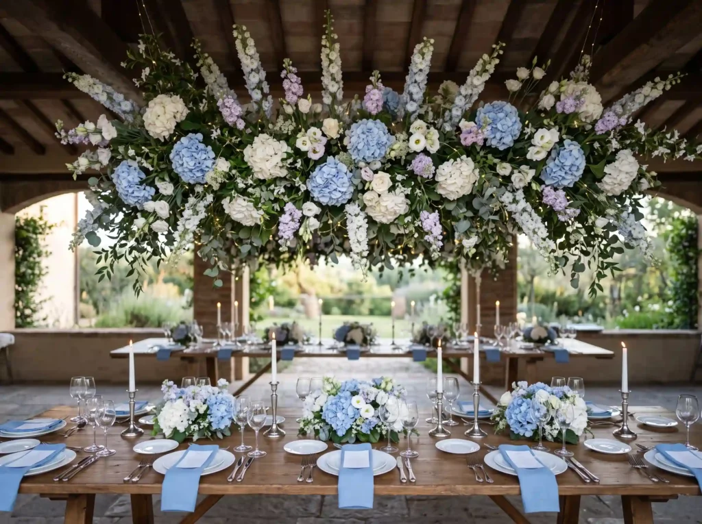 Hydrangea Meadow Ceiling Inspiration The lush f Hydrangea meadow ceiling over table