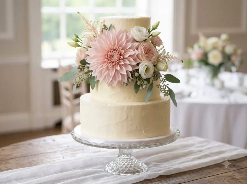 Soft Pink Dahlia Bloom Inspiration Gentle pink Floral decorated wedding cake