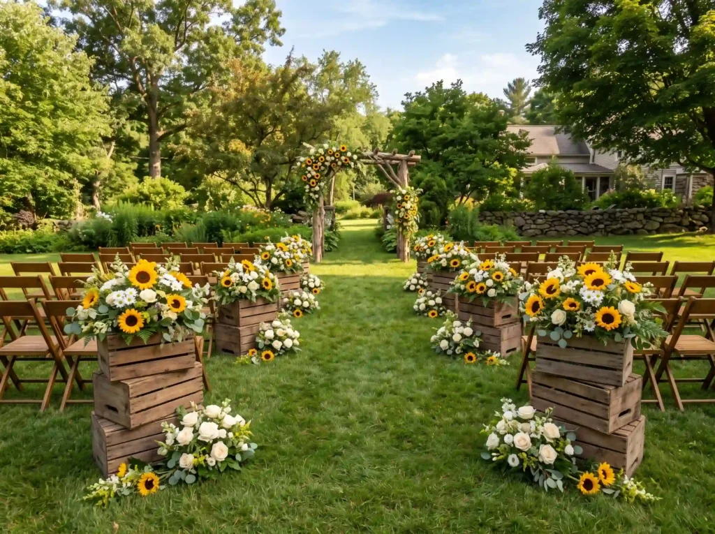 Sunflower Summer Lane Inspiration Cheerful June Sunflower wedding aisle rustic a…