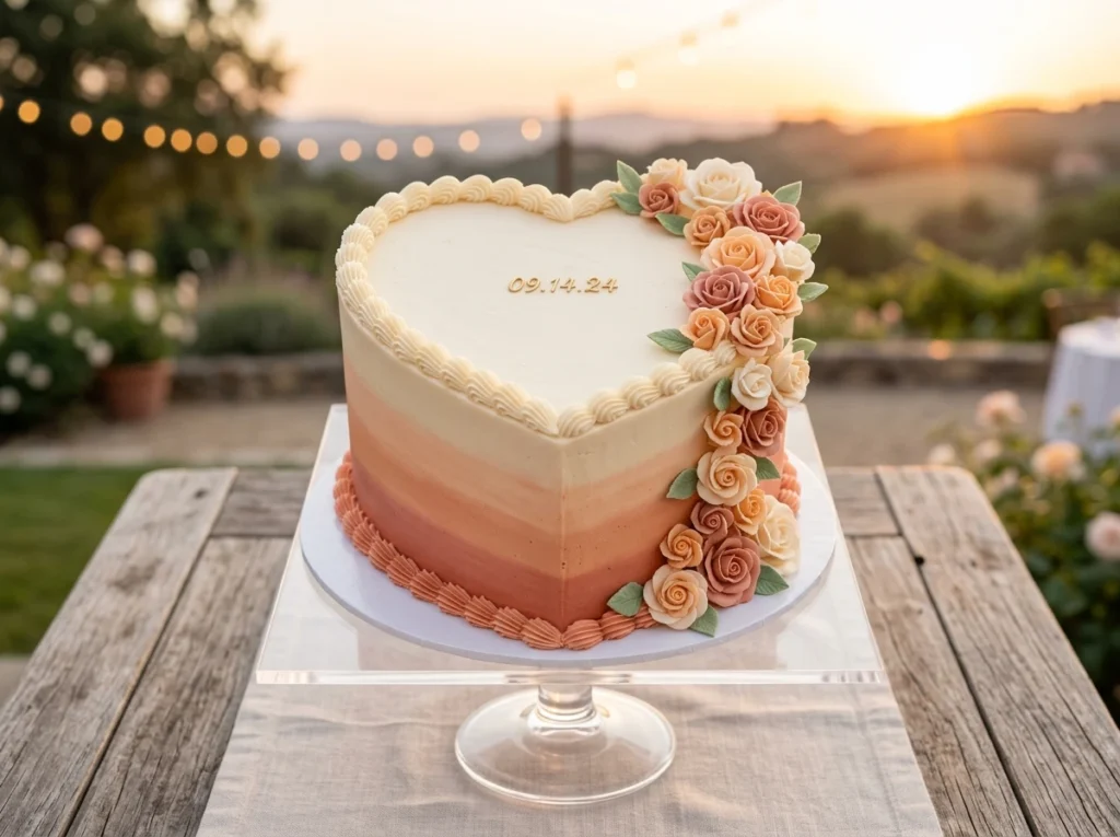 Sunset Ombre Heart Inspiration The soft peach t Heart shaped wedding cake on ped…