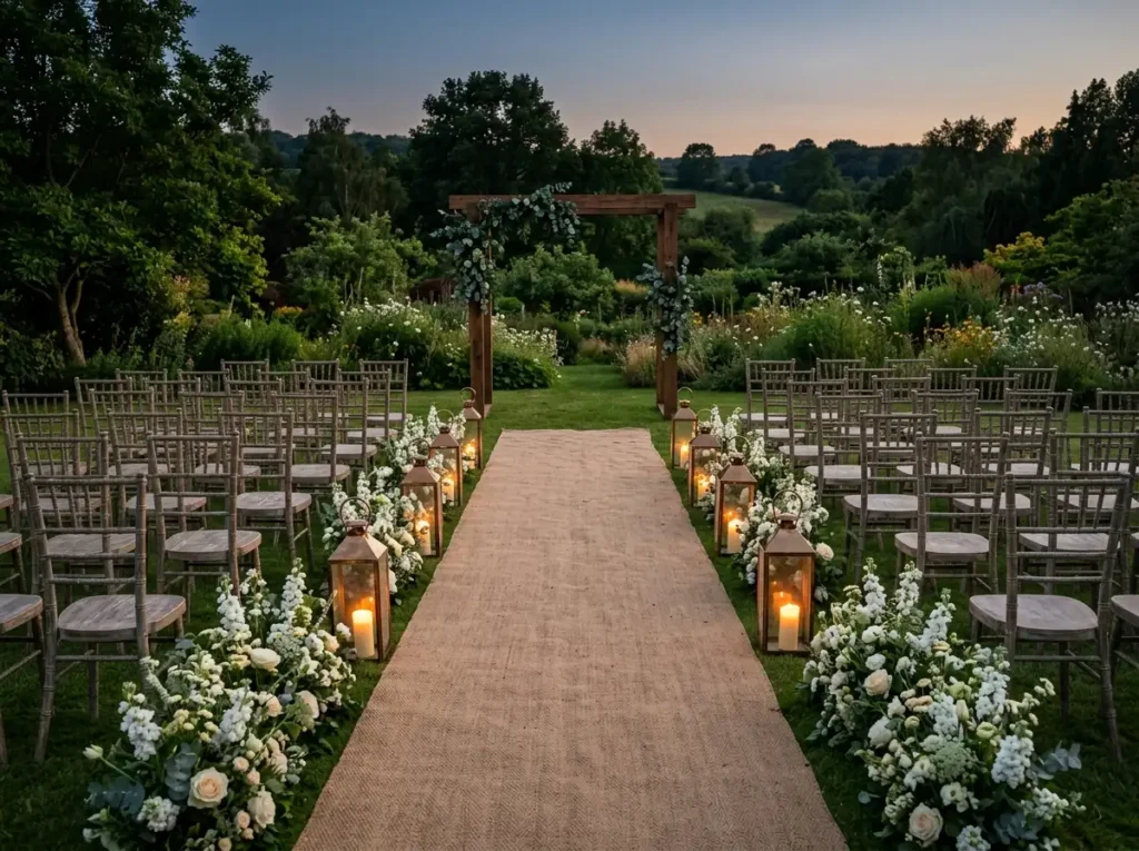 Meadow Lantern Passage Inspiration A twilight g Twilight garden wedding aisle setup