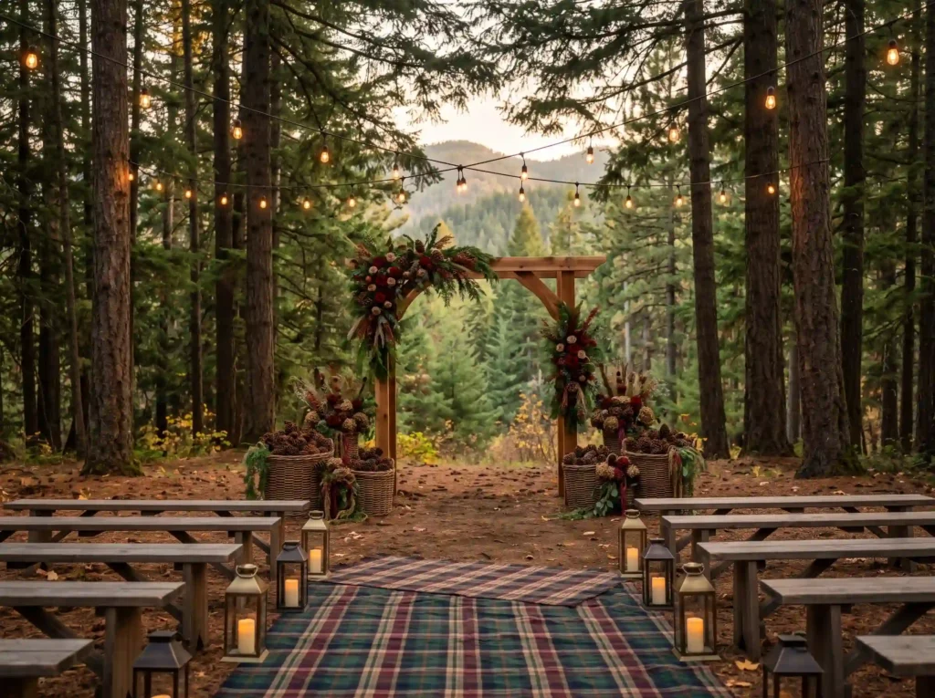 Pine and Plaid Celebration Inspiration Cozy mou Woodland wedding ceremony setup K