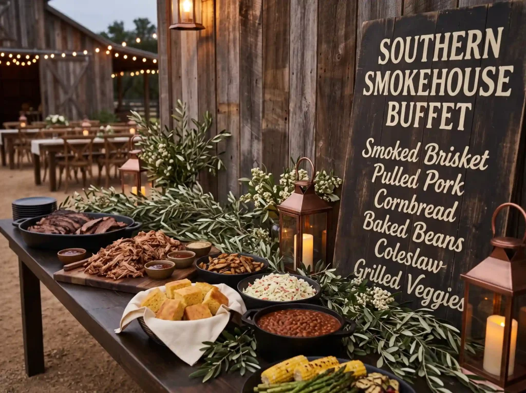 Southern Smokehouse Buffet Inspiration This des Southern smokehouse wedding buff… K