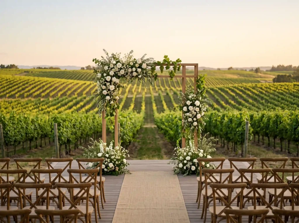 Summer Vineyard Celebration Inspiration June vi Vineyard wedding ceremony platform K